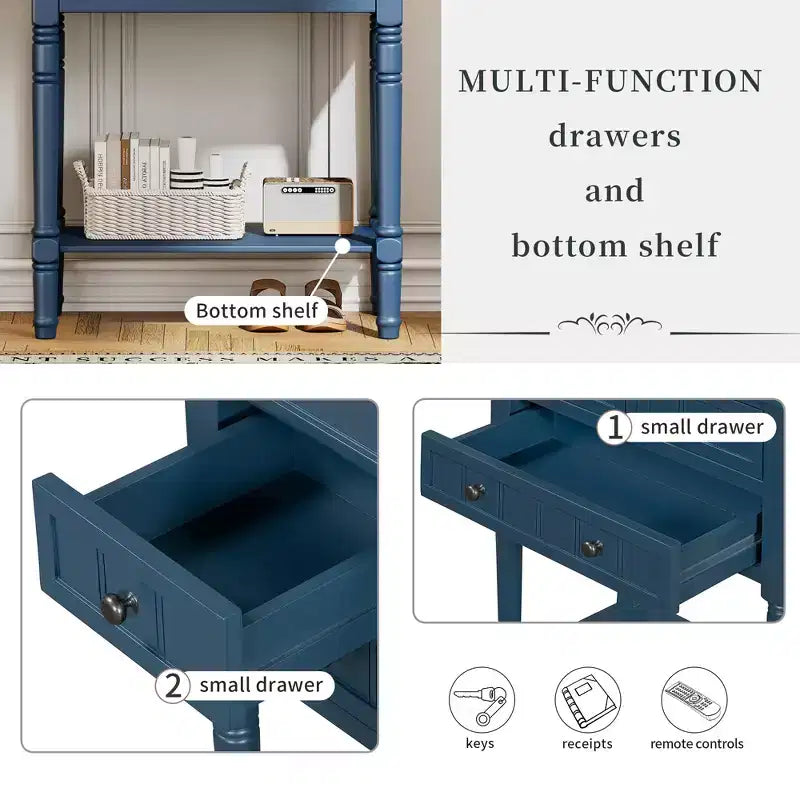Consolle rettangolare stretta blu scuro, 3 cassetti e ripiano inferiore, in legno