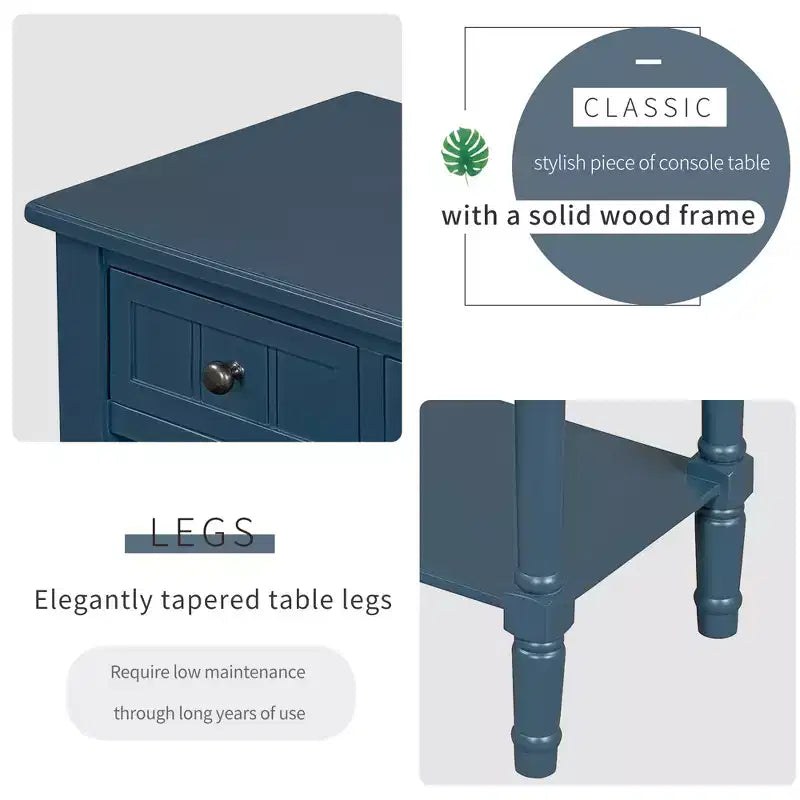 Consolle rettangolare stretta blu scuro, 3 cassetti e ripiano inferiore, in legno