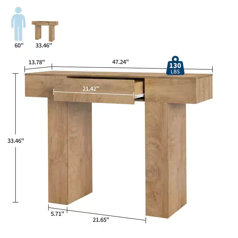Consolle rettangolare con cassetto in legno naturale/rovere – Stile Industrial Farmhouse, montaggio a 1 persona