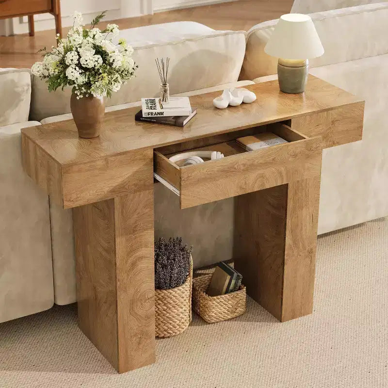Consolle rettangolare con cassetto in legno naturale/rovere – Stile Industrial Farmhouse, montaggio a 1 persona