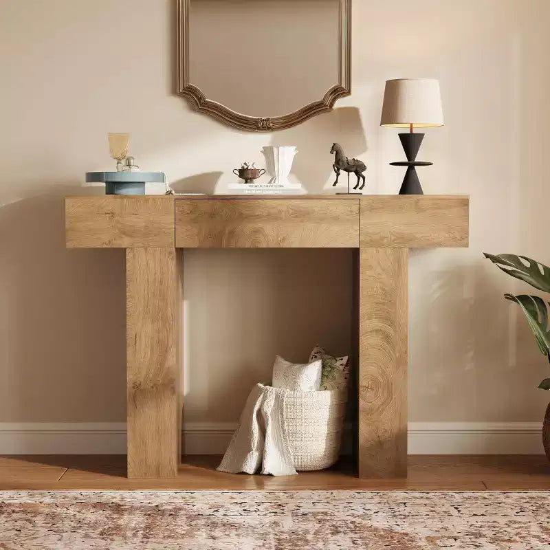 Consolle rettangolare con cassetto in legno naturale/rovere – Stile Industrial Farmhouse, montaggio a 1 persona