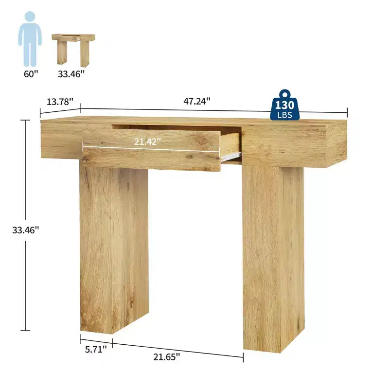 Consolle rettangolare con cassetto in legno naturale/rovere – Stile Industrial Farmhouse, montaggio a 1 persona