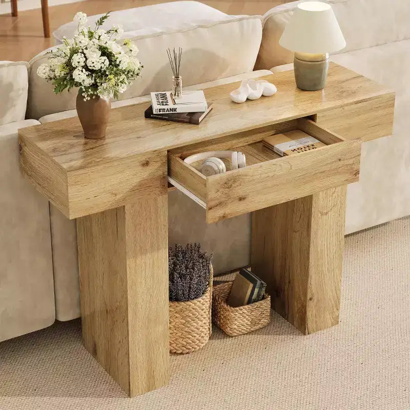 Consolle rettangolare con cassetto in legno naturale/rovere – Stile Industrial Farmhouse, montaggio a 1 persona