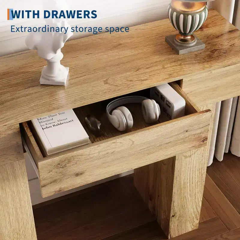 Consolle rettangolare con cassetto in legno naturale/rovere – Stile Industrial Farmhouse, montaggio a 1 persona