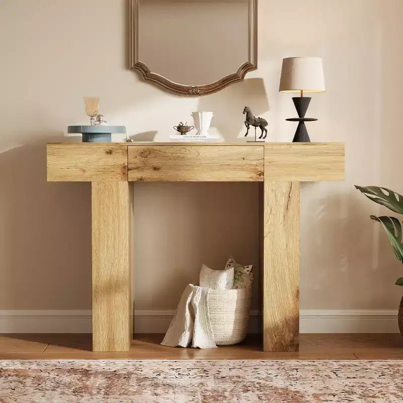 Consolle rettangolare con cassetto in legno naturale/rovere – Stile Industrial Farmhouse, montaggio a 1 persona