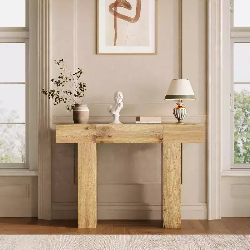 Consolle rettangolare con cassetto in legno naturale/rovere – Stile Industrial Farmhouse, montaggio a 1 persona