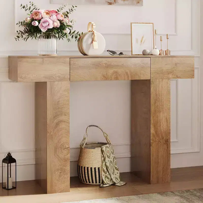 Consolle rettangolare con cassetto in legno naturale/rovere – Stile Industrial Farmhouse, montaggio a 1 persona