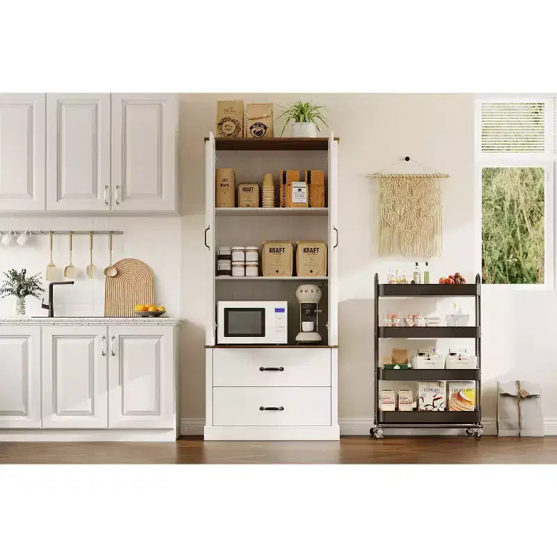Dispensa da Cucina Coloniale, 2 Ante e 2 Cassetti, Ripiani Regolabili, Grigio Pastorale / Bianco Anticato