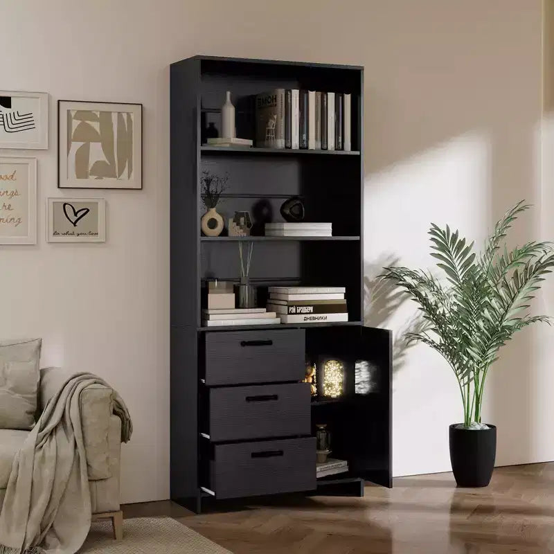 6-Tier Bookshelf with Door and 3 Drawers,71 Tall Bookcase with 3-Tier Open Shelves,Wooden Book Shelf with Storage Cabinet for Home Office,Living Room