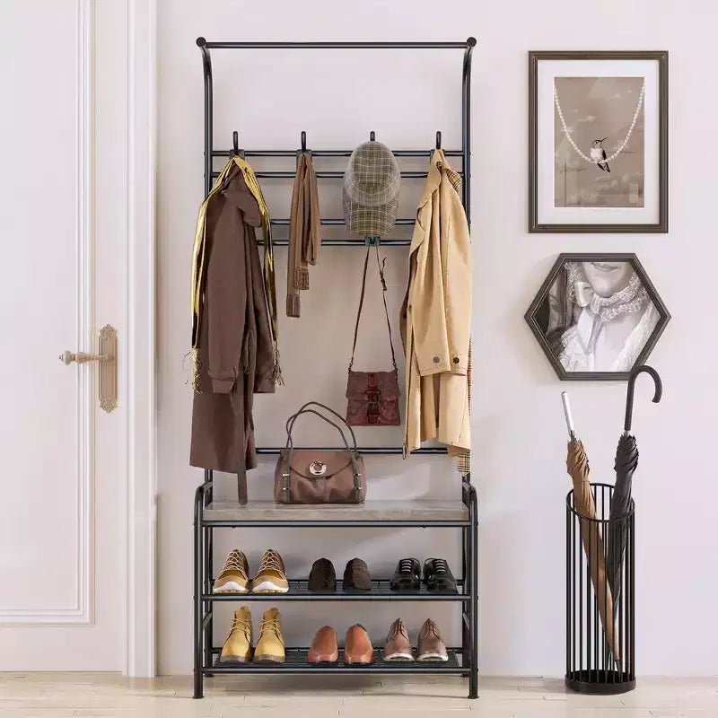 Panca da ingresso 4 in 1 con appendiabiti e 8 ganci, marrone/grigio