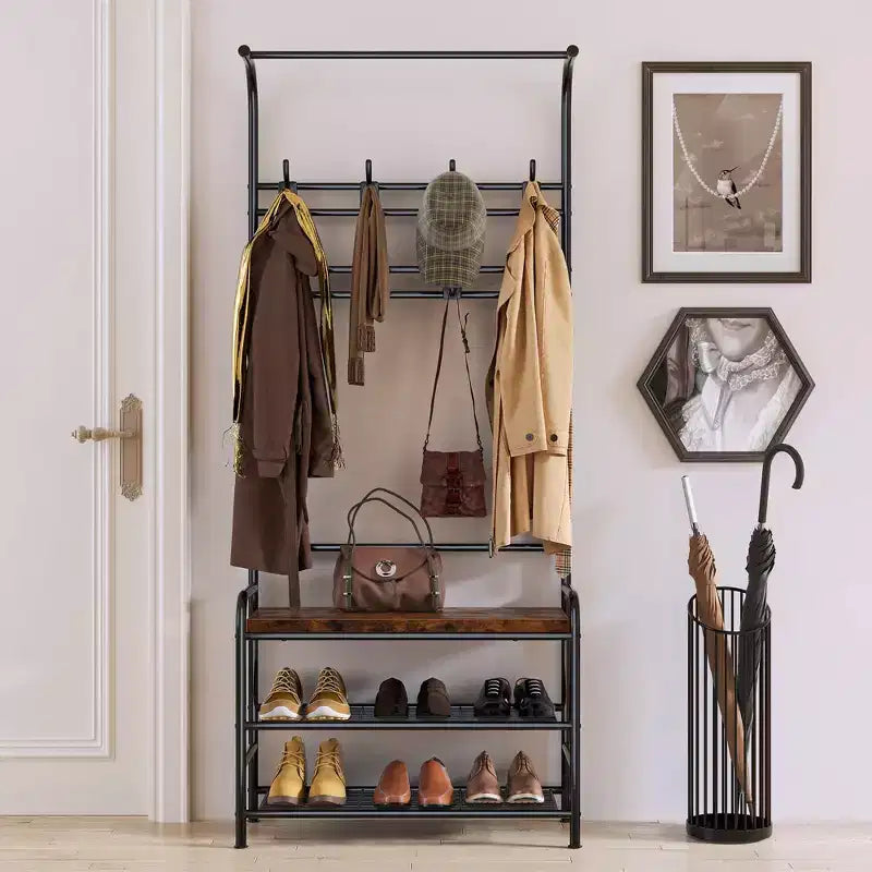 Panca da ingresso 4 in 1 con appendiabiti e 8 ganci, marrone/grigio
