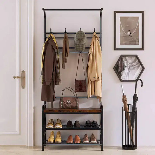 Panca da ingresso 4 in 1 con appendiabiti e 8 ganci, marrone/grigio