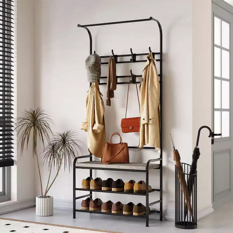 Panca da ingresso 4 in 1 con appendiabiti e 8 ganci, marrone/grigio