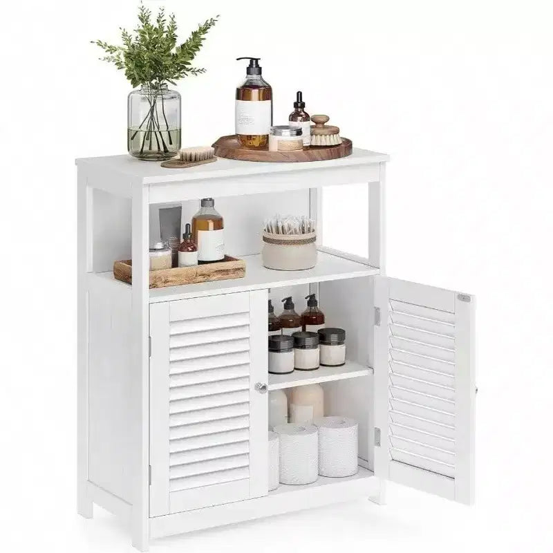 Floor Storage Cabinet, Freestanding with Double Shutter Doors, Adjustable Shelf, White for Living Room Entryway Kitchen