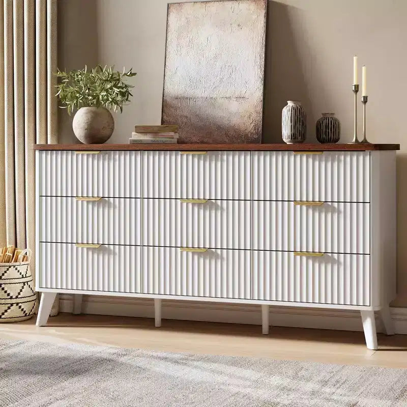 Legno Naturale / Bianco e Pesca, Cassettiera scanalata a 9 cassetti, 1 Persona