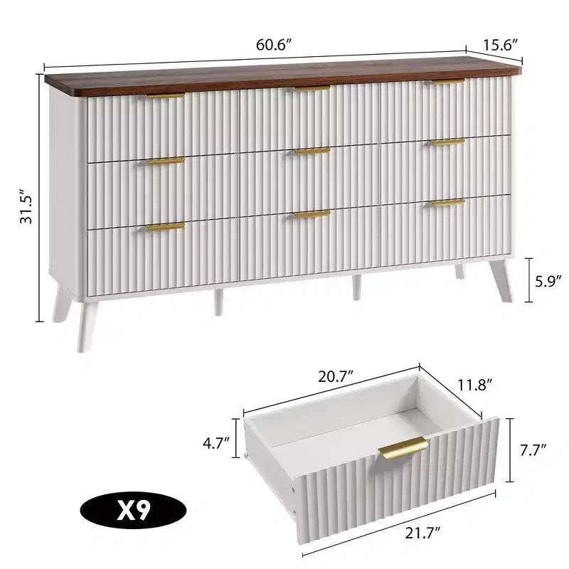 Legno Naturale / Bianco e Pesca, Cassettiera scanalata a 9 cassetti, 1 Persona