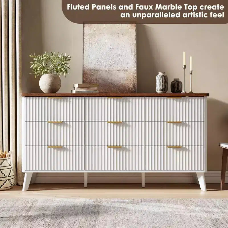 Legno Naturale / Bianco e Pesca, Cassettiera scanalata a 9 cassetti, 1 Persona