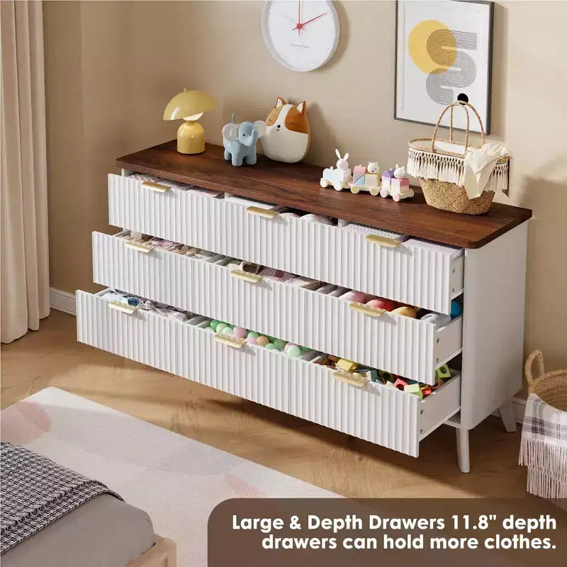Legno Naturale / Bianco e Pesca, Cassettiera scanalata a 9 cassetti, 1 Persona