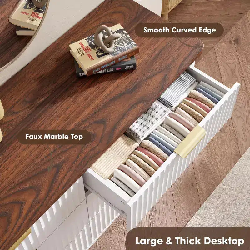 Legno Naturale / Bianco e Pesca, Cassettiera scanalata a 9 cassetti, 1 Persona