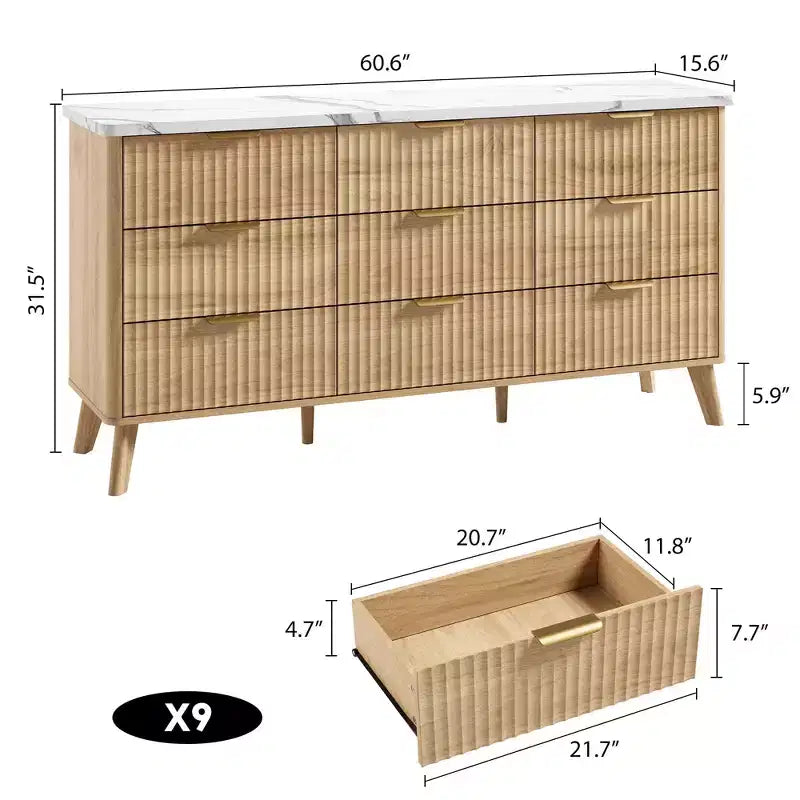 Legno Naturale / Bianco e Pesca, Cassettiera scanalata a 9 cassetti, 1 Persona