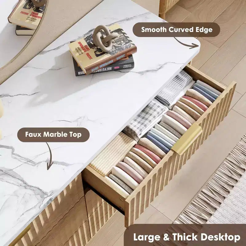 Legno Naturale / Bianco e Pesca, Cassettiera scanalata a 9 cassetti, 1 Persona