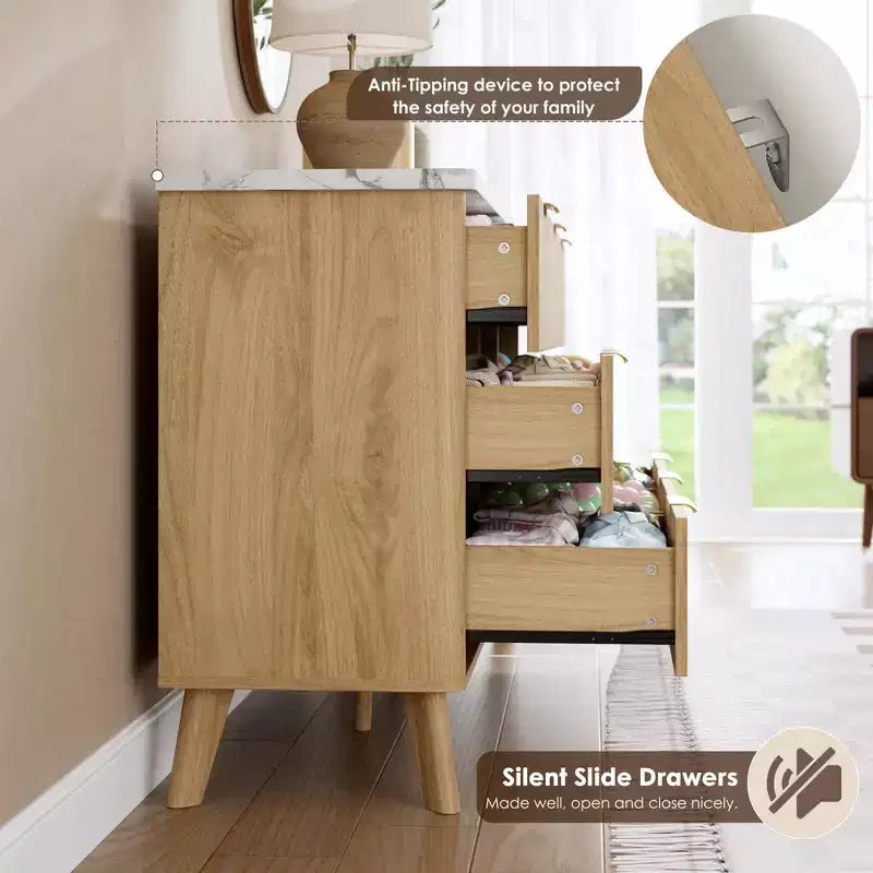 Legno Naturale / Bianco e Pesca, Cassettiera scanalata a 9 cassetti, 1 Persona