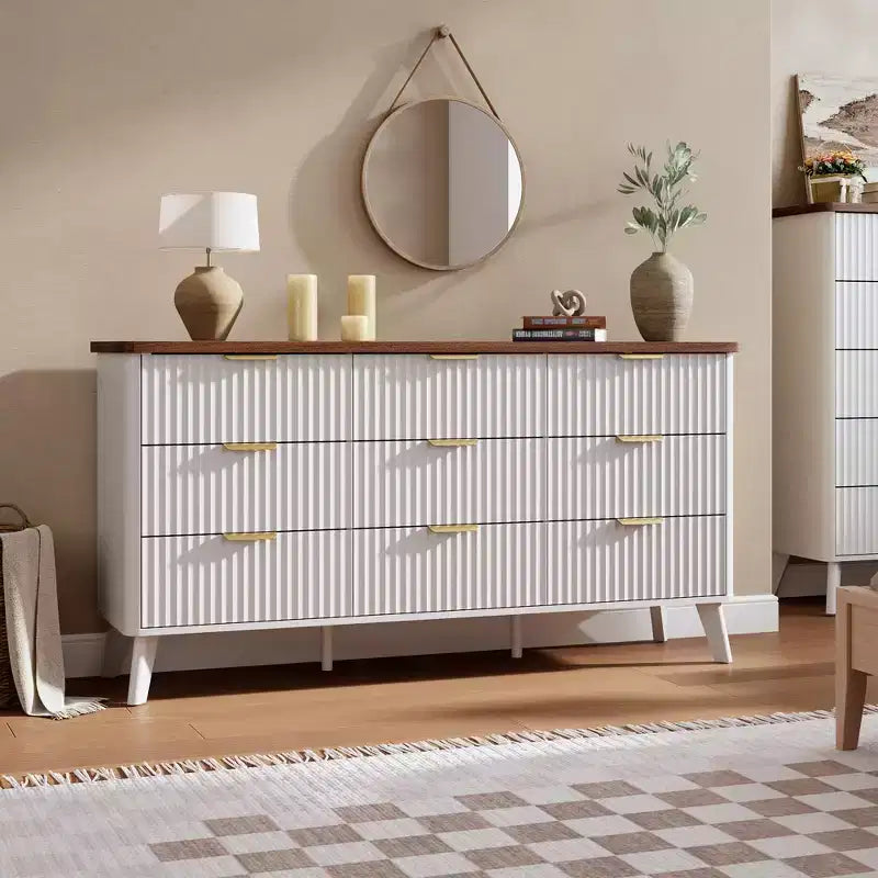 Legno Naturale / Bianco e Pesca, Cassettiera scanalata a 9 cassetti, 1 Persona