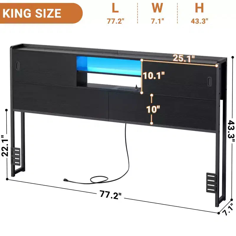Testata Letto Piattaforma in Metallo Nero con Luci LED, Contenitore e Stazione di Ricarica, Misura Matrimoniale/Queen