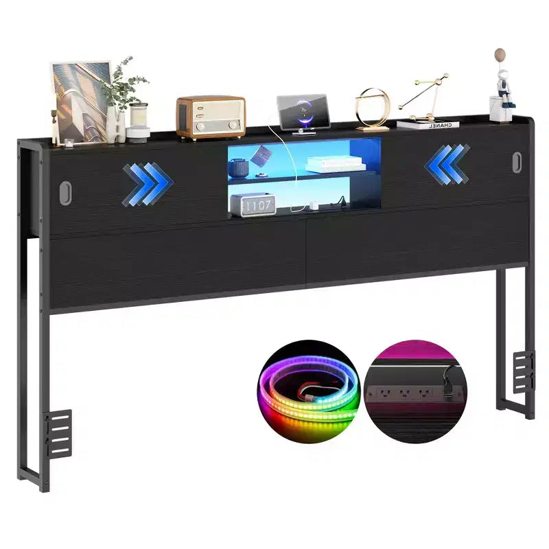 Testata Letto Piattaforma in Metallo Nero con Luci LED, Contenitore e Stazione di Ricarica, Misura Matrimoniale/Queen