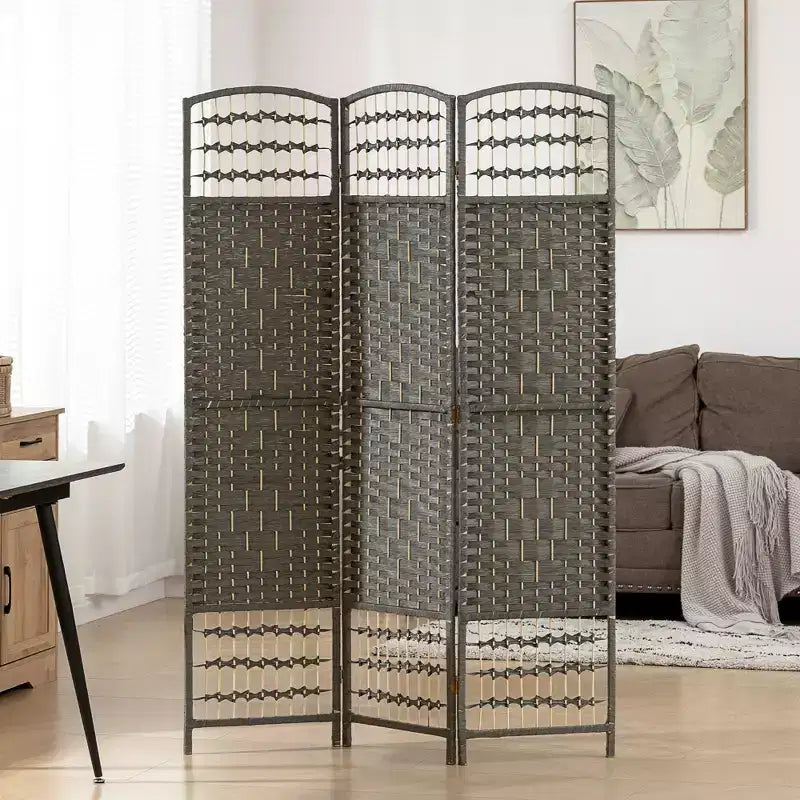Divisorio Pieghevole a 3 Pannelli Marrone / Grigio Scuro / Legno Naturale / Bianco – Fibra Intrecciata, Schermo per la Privacy Individuale