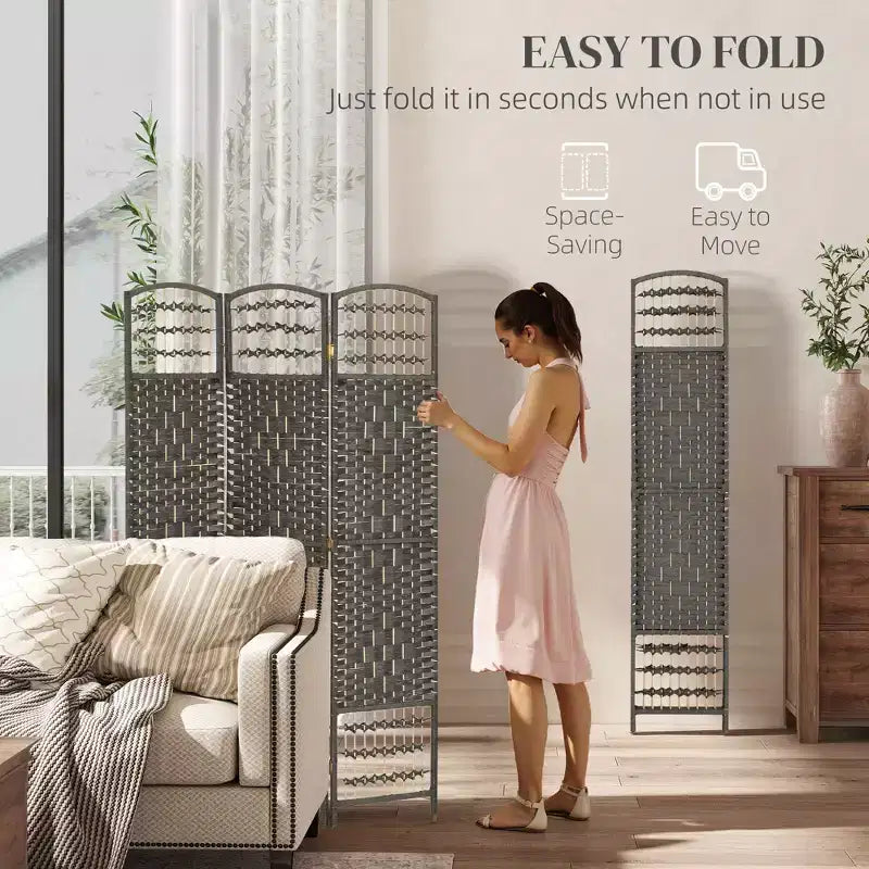 Divisorio Pieghevole a 3 Pannelli Marrone / Grigio Scuro / Legno Naturale / Bianco – Fibra Intrecciata, Schermo per la Privacy Individuale