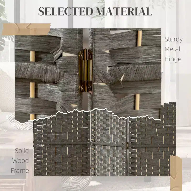 Divisorio Pieghevole a 3 Pannelli Marrone / Grigio Scuro / Legno Naturale / Bianco – Fibra Intrecciata, Schermo per la Privacy Individuale