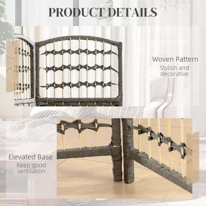 Divisorio Pieghevole a 3 Pannelli Marrone / Grigio Scuro / Legno Naturale / Bianco – Fibra Intrecciata, Schermo per la Privacy Individuale