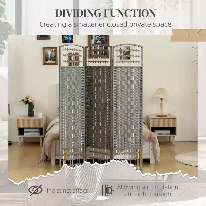 Divisorio Pieghevole a 3 Pannelli Marrone / Grigio Scuro / Legno Naturale / Bianco – Fibra Intrecciata, Schermo per la Privacy Individuale