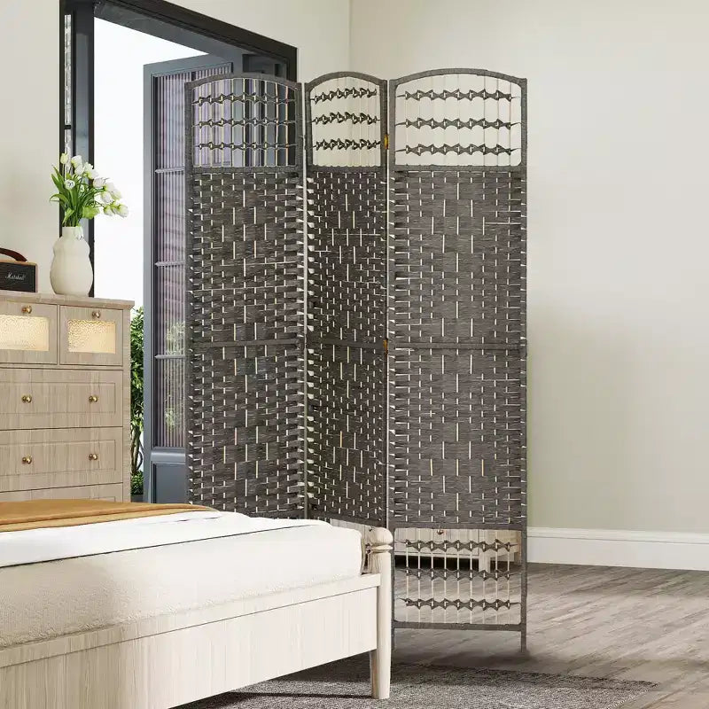 Divisorio Pieghevole a 3 Pannelli Marrone / Grigio Scuro / Legno Naturale / Bianco – Fibra Intrecciata, Schermo per la Privacy Individuale