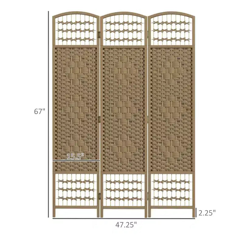 Divisorio Pieghevole a 3 Pannelli Marrone / Grigio Scuro / Legno Naturale / Bianco – Fibra Intrecciata, Schermo per la Privacy Individuale