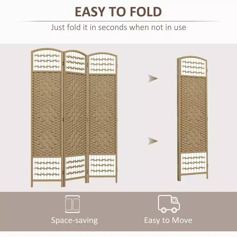 Divisorio Pieghevole a 3 Pannelli Marrone / Grigio Scuro / Legno Naturale / Bianco – Fibra Intrecciata, Schermo per la Privacy Individuale