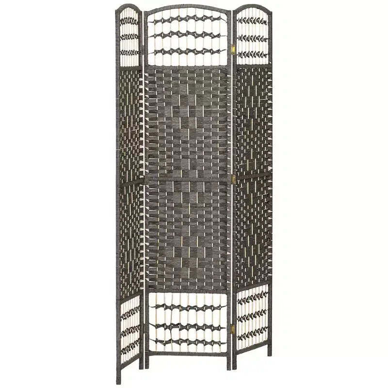 Divisorio Pieghevole a 3 Pannelli Marrone / Grigio Scuro / Legno Naturale / Bianco – Fibra Intrecciata, Schermo per la Privacy Individuale