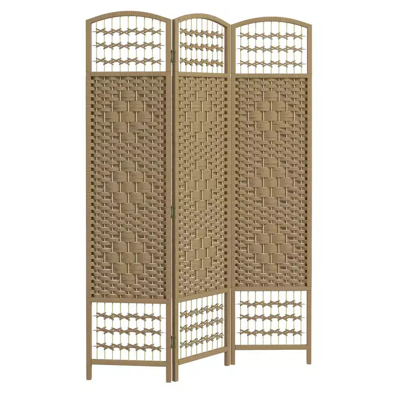 Divisorio Pieghevole a 3 Pannelli Marrone / Grigio Scuro / Legno Naturale / Bianco – Fibra Intrecciata, Schermo per la Privacy Individuale