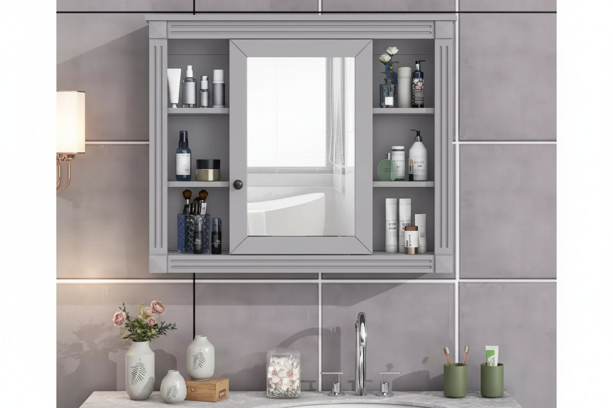 MAYEERTY 28.7 Wall Mounted Bathroom Mirror Cabinet with Concealed Storage 6 Open Shelves Medicine Cabinet Gray