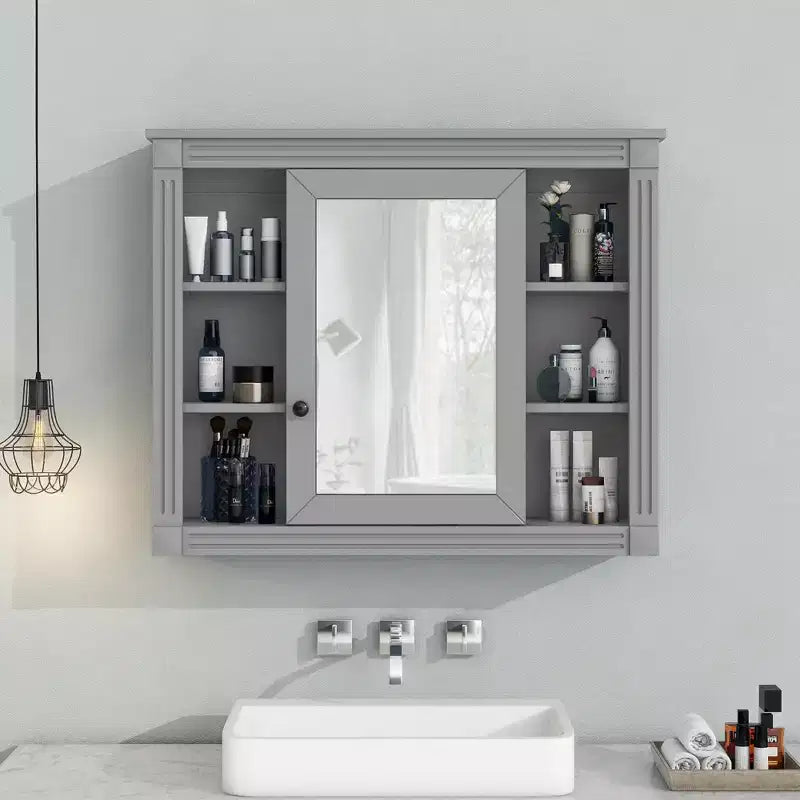 Pensile da bagno grigio con specchio, 6 ripiani aperti, singolo