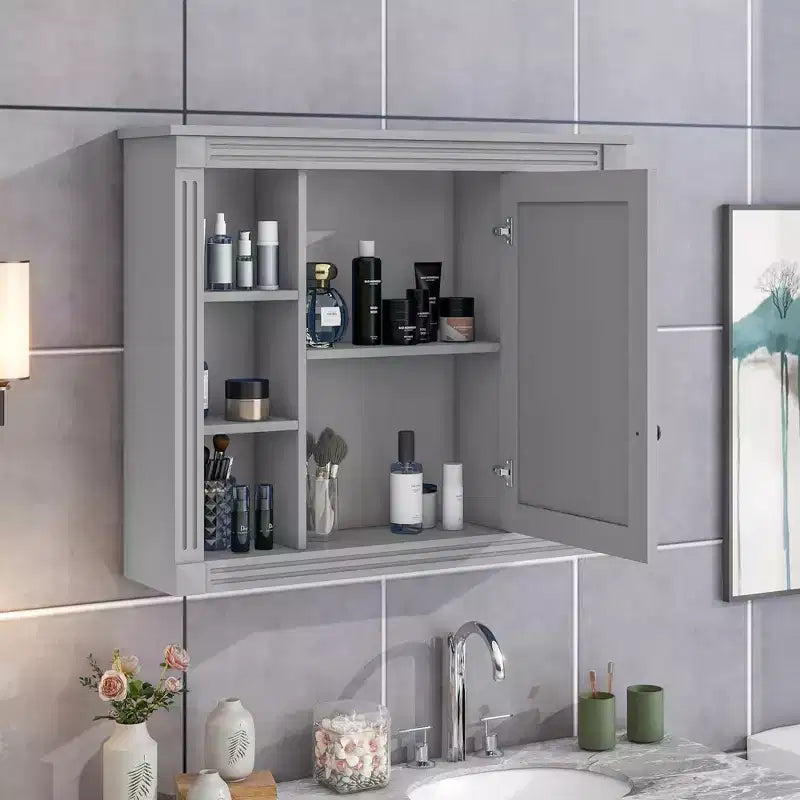 Pensile da bagno grigio con specchio, 6 ripiani aperti, singolo