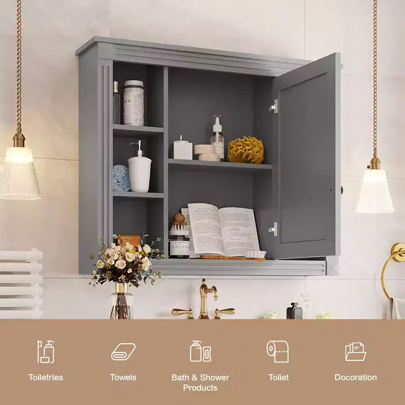 Pensile da bagno grigio con specchio, 6 ripiani aperti, singolo