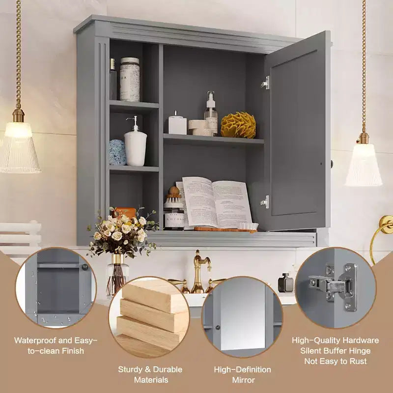 Pensile da bagno grigio con specchio, 6 ripiani aperti, singolo