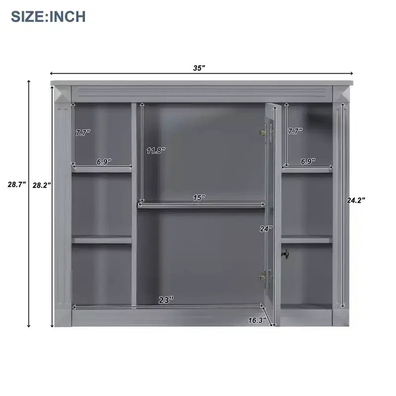 Pensile da bagno grigio con specchio, 6 ripiani aperti, singolo