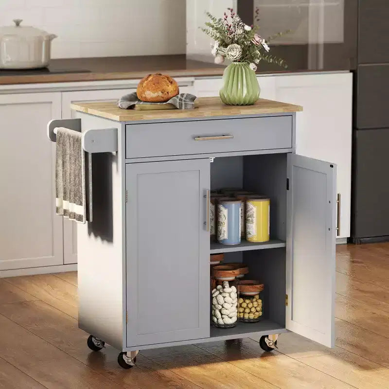 Carrello da cucina mobile grigio/bianco con cassetto, armadietto e portasciugamani – Monouso