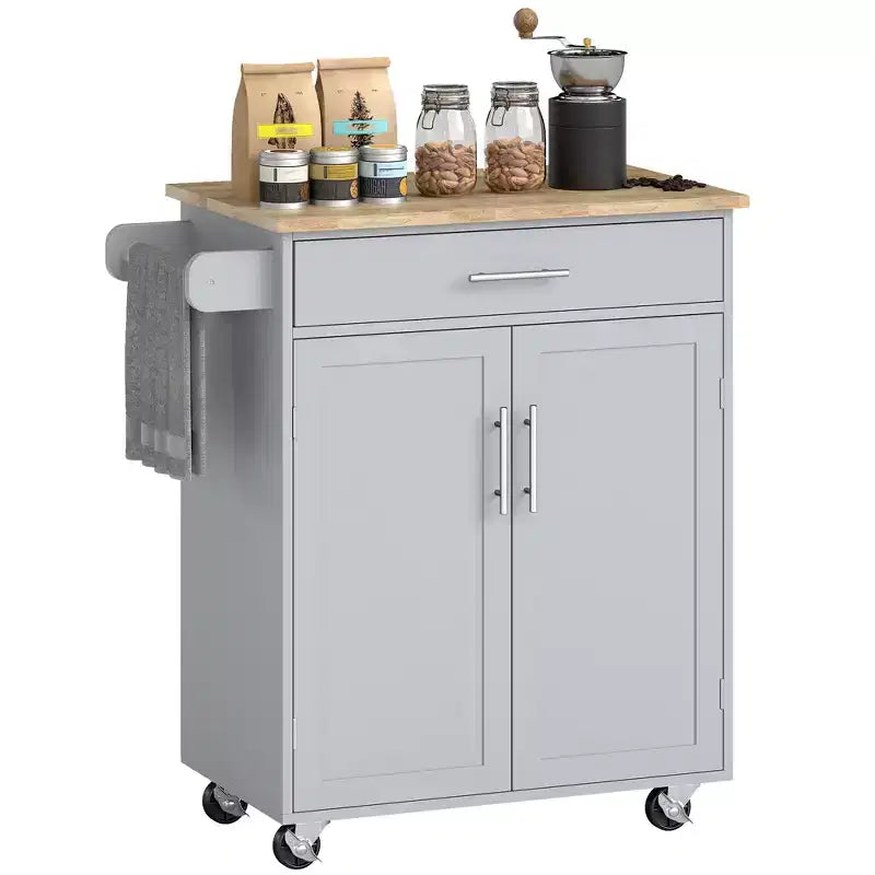 Kitchen Island Cart Rolling Trolley Cart with Drawer, Storage Cabinet & Towel Rack