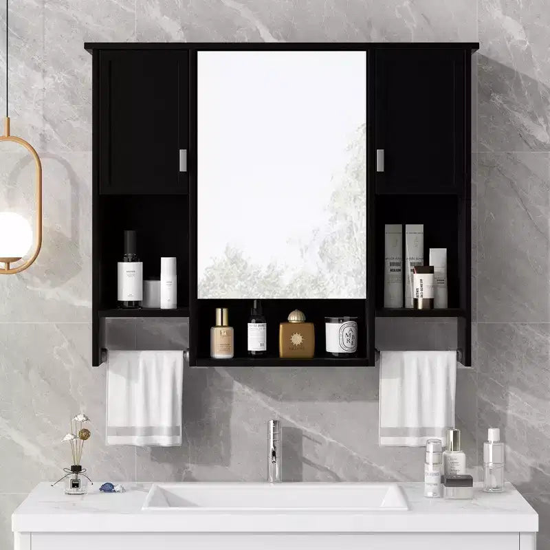 Mobiletto a specchio nero da parete per bagno con contenitore, singolo, 6 ripiani