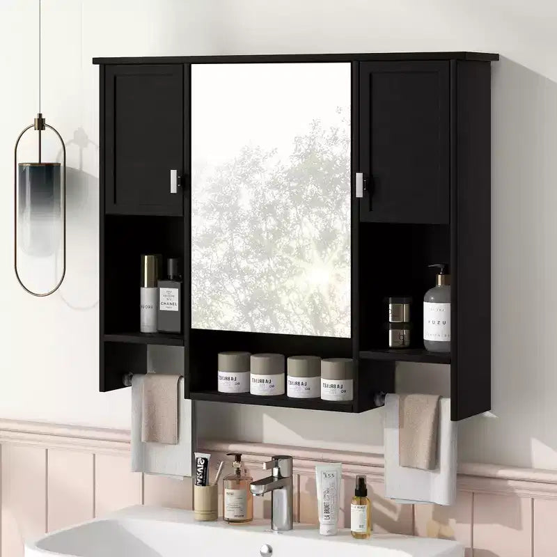 Mobiletto a specchio nero da parete per bagno con contenitore, singolo, 6 ripiani