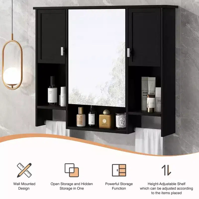 Mobiletto a specchio nero da parete per bagno con contenitore, singolo, 6 ripiani
